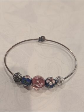 Silver Bangle Bracelet with Pink Floral Glass Beads